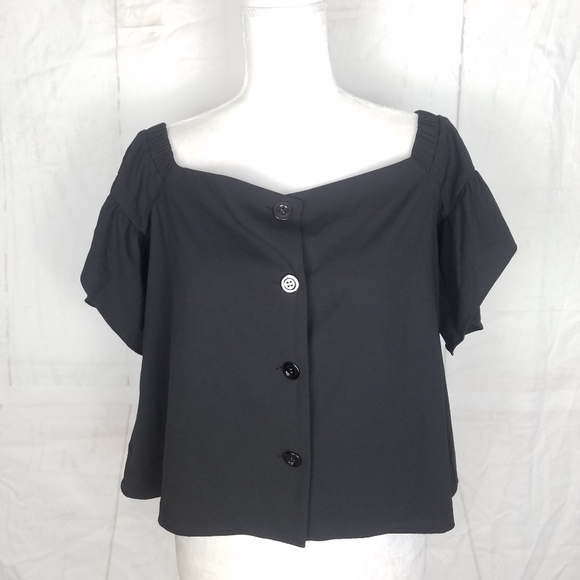 crosby  boho black button front off shoulder top - Picture 1 of 4